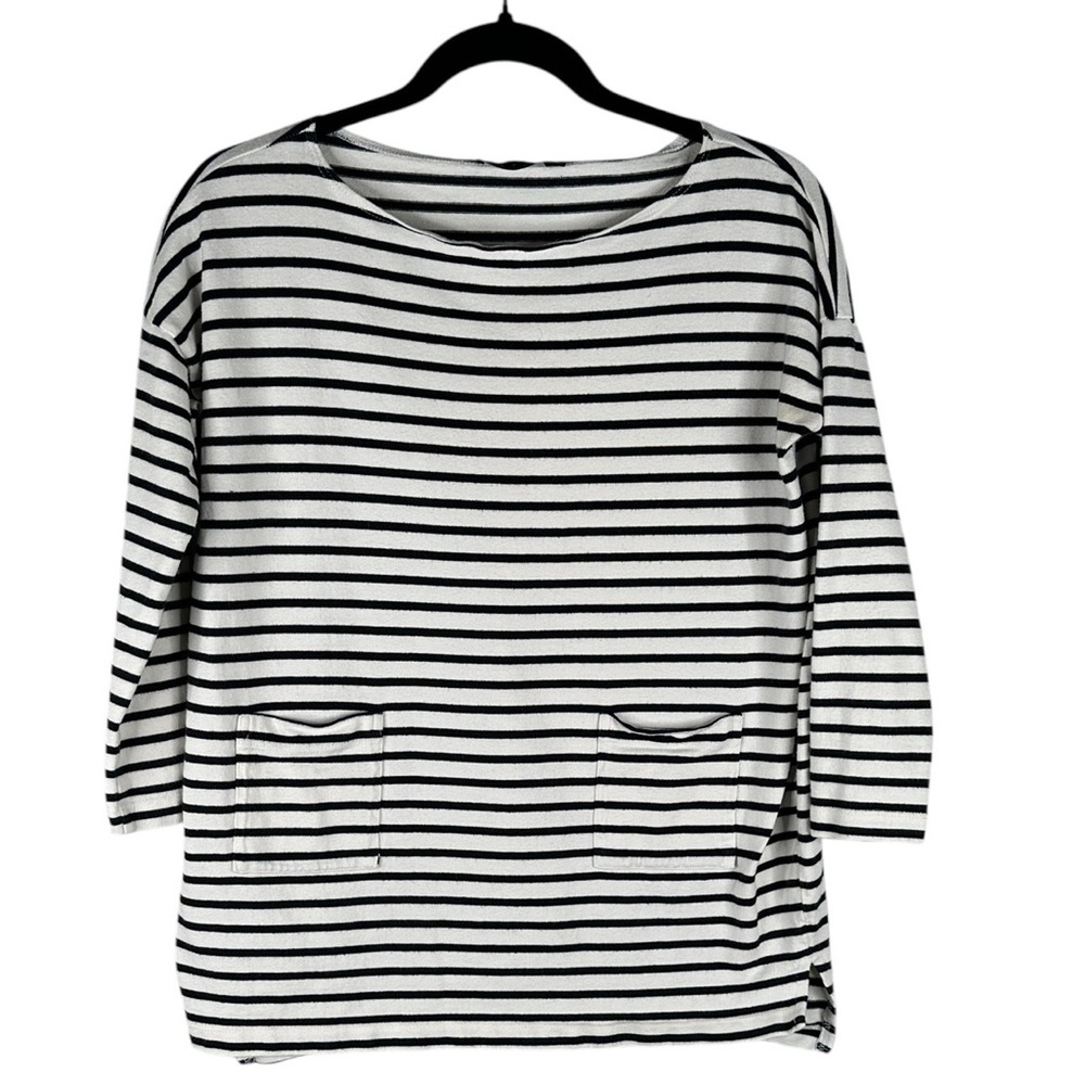 Hatch Cream & Black Stripe Bateau Coastal Nautical Cotton 3/4 Sleeve Top Size XS
